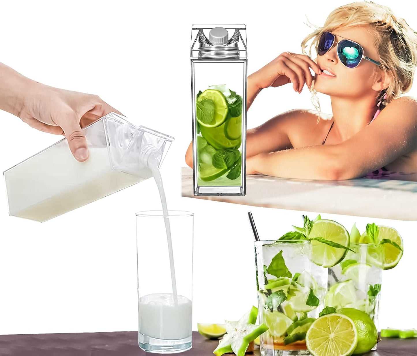 3 Pack Milk/juice Carton Water Bottle, Clear Square Plastic