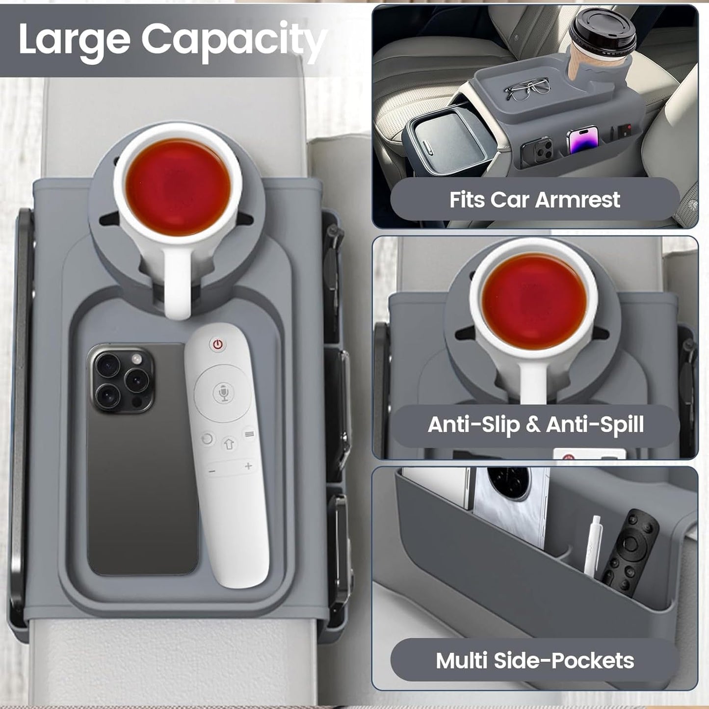 Couch Armrest Cup Holder Tray - Silicone, Grey