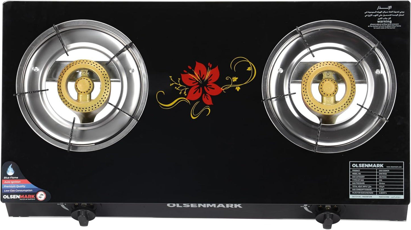 Gas Cooker Tempered Glass Top Panel, Double Burner with Blue Flame