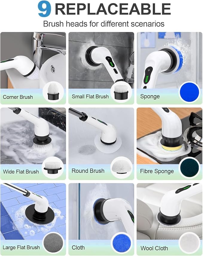 9 in 1 Cordless Electric Spin Scrubber - Cleaning Brush for Home