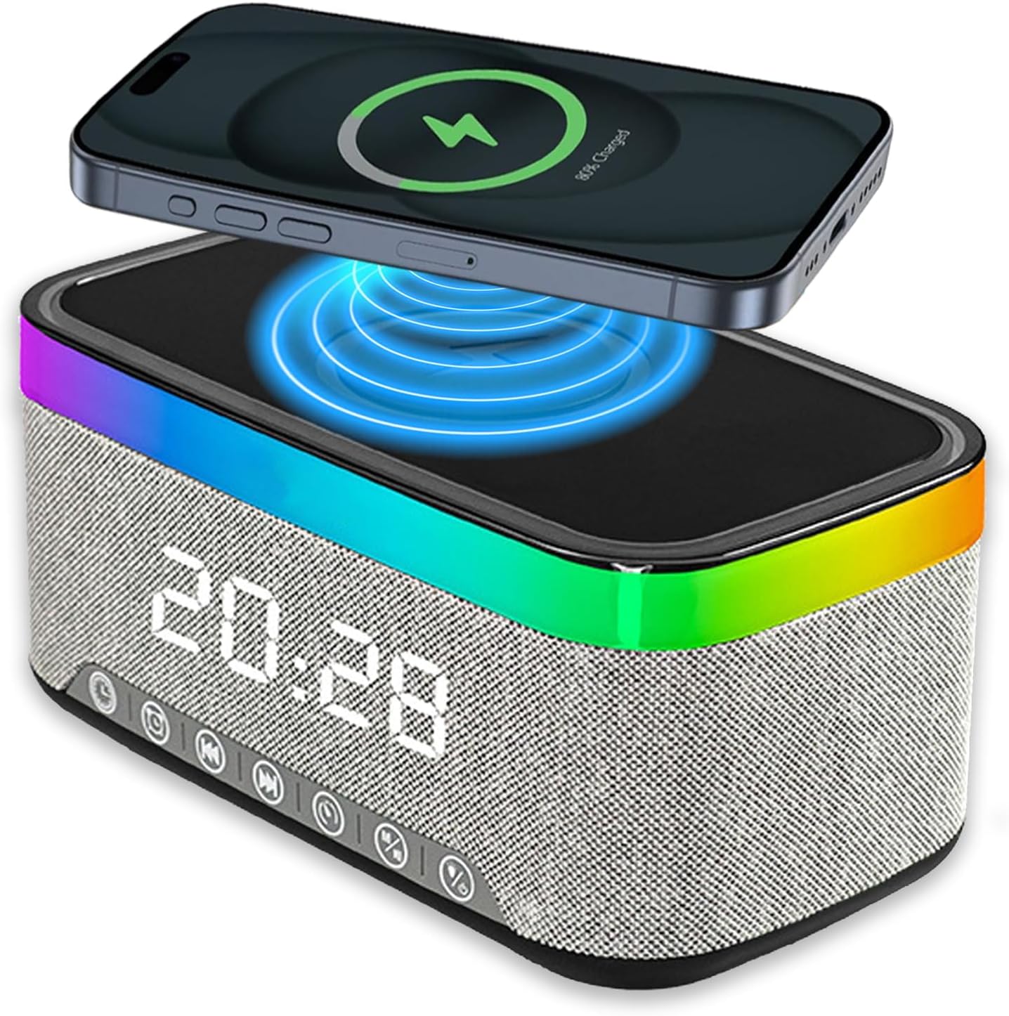 Digital Alarm Clock with 15W Fast Wireless Charger, Alarm Clock Bluetooth Radio
