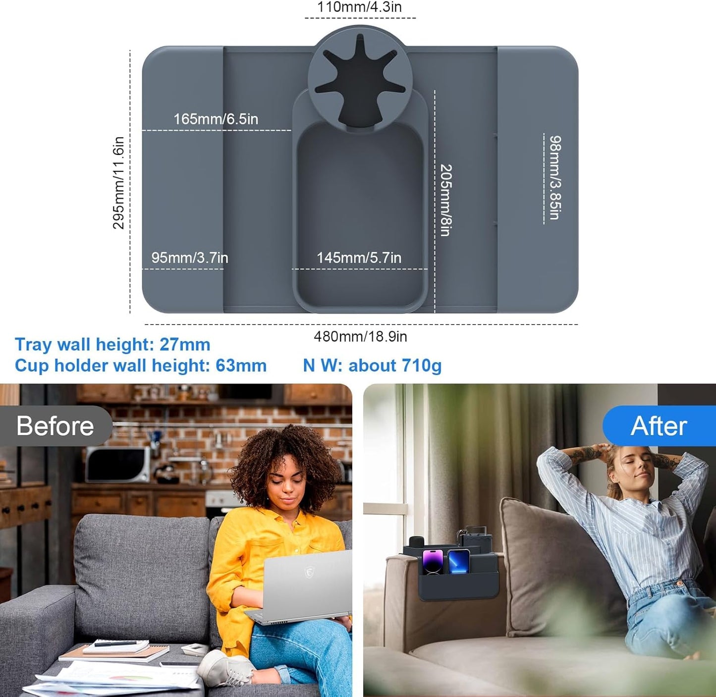 Couch Armrest Cup Holder Tray - Silicone, Grey