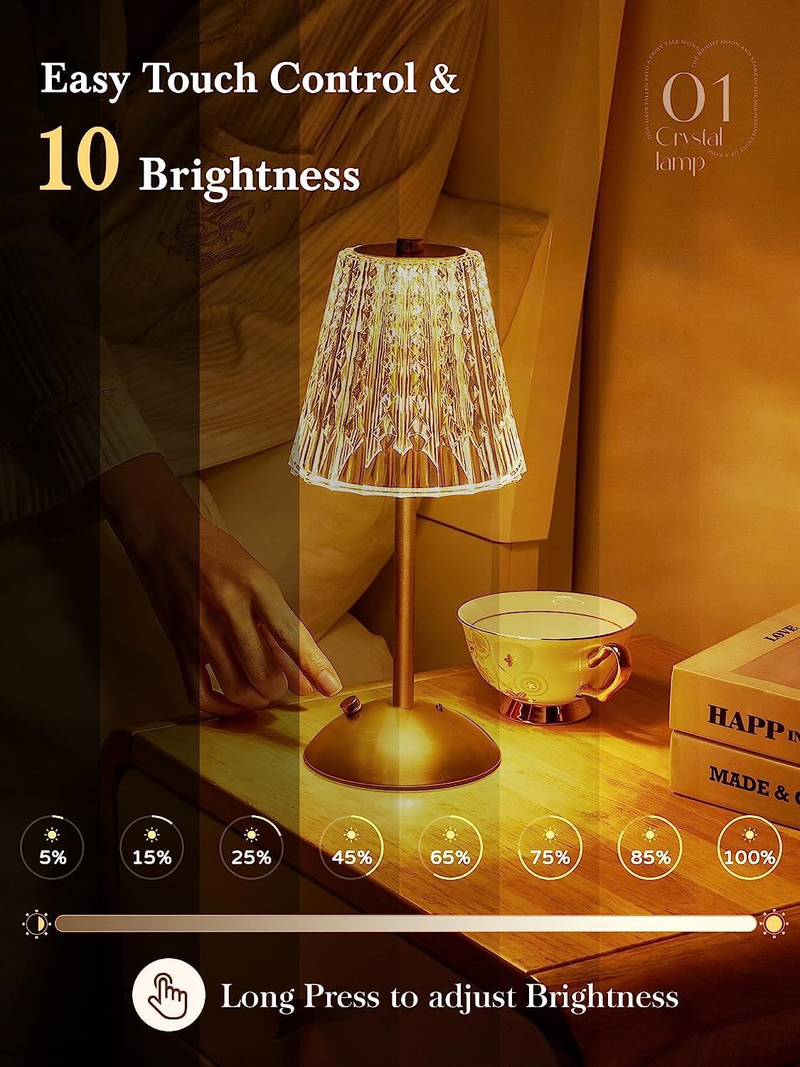 Crystal Table Lamp, Bedside Crystal Table Lamp with Touch Control