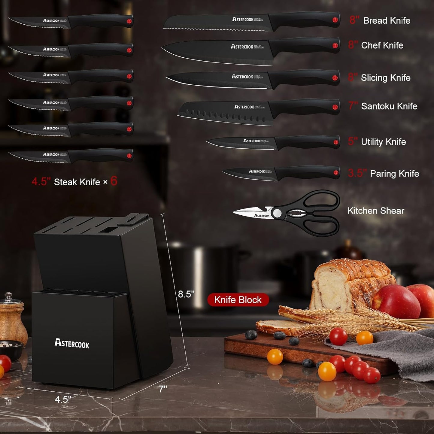 Astercook 15 Piece Knife Set with Sharpener Block - German Stainless Steel