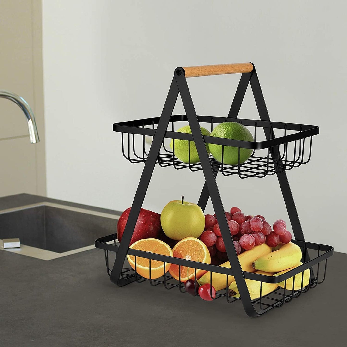 2-Tier Fruit Basket for Kitchen Counter – Detachable Metal Storage Bowl