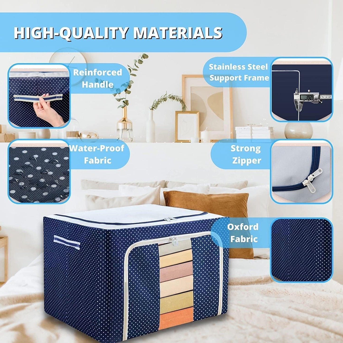2pcs  66 Liter Large Capacity Clothes Storage Bag Organizer with Thick Fabric Visible steel