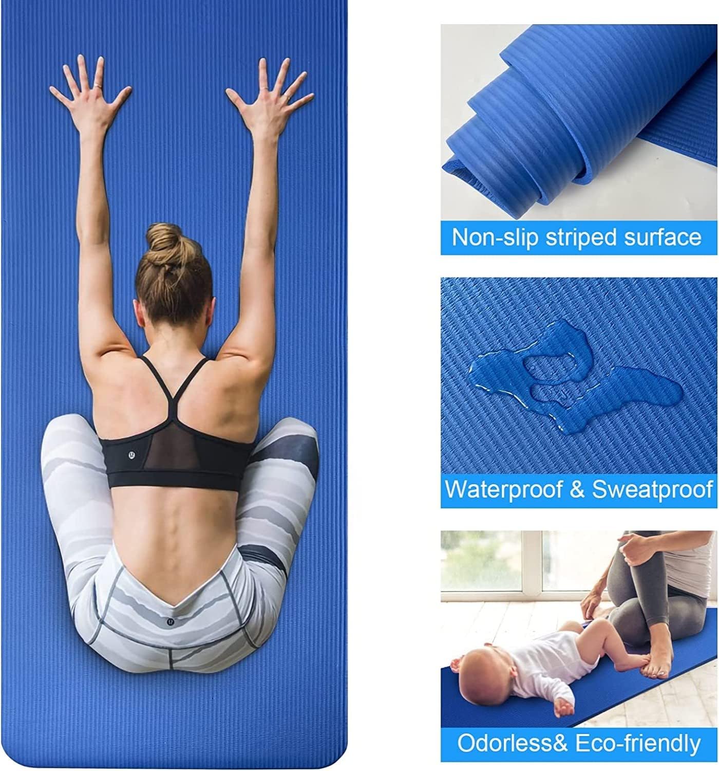 Yoga Mat Floor , Extra Thick Exercise Yoga Gym Floor Mat with Carrying Strap