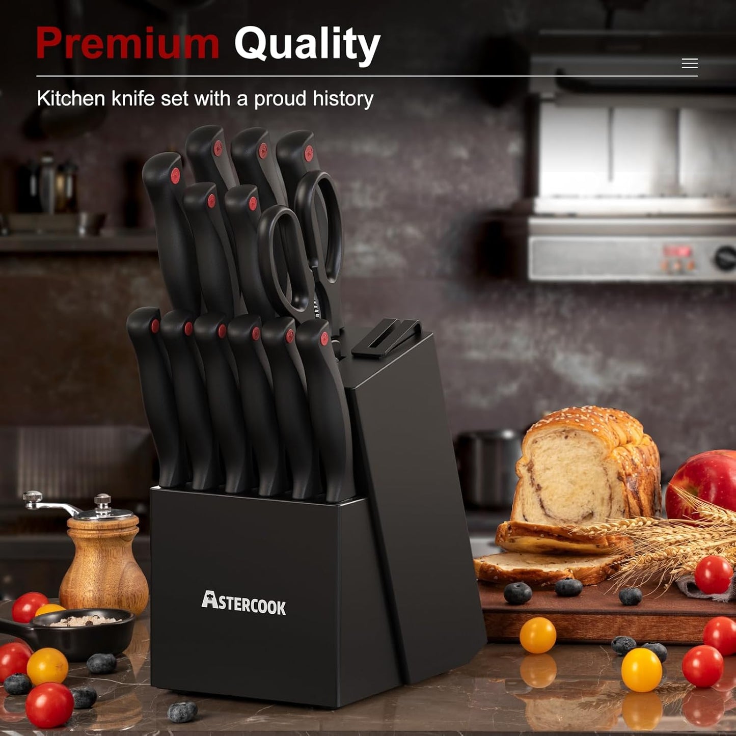 Astercook 15 Piece Knife Set with Sharpener Block - German Stainless Steel