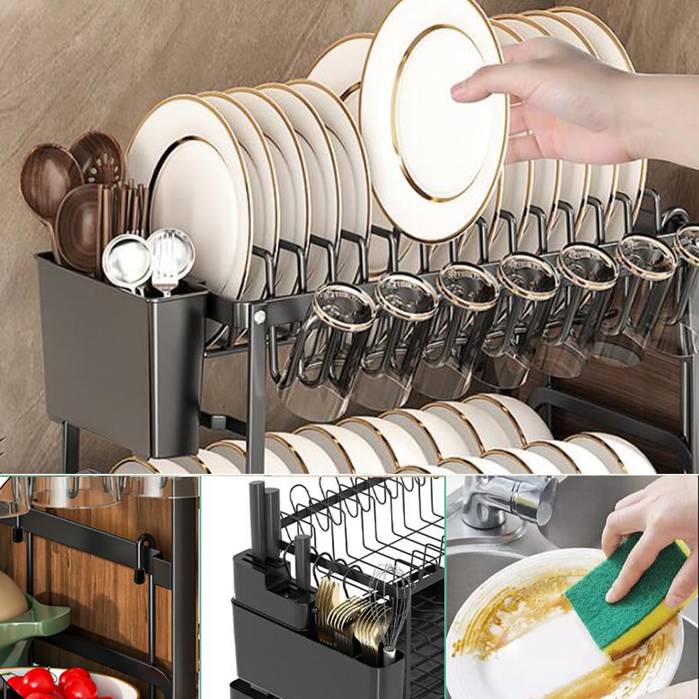 Dish Drying Rack,2 Tier Drying Rack Kitchen with Drainboard