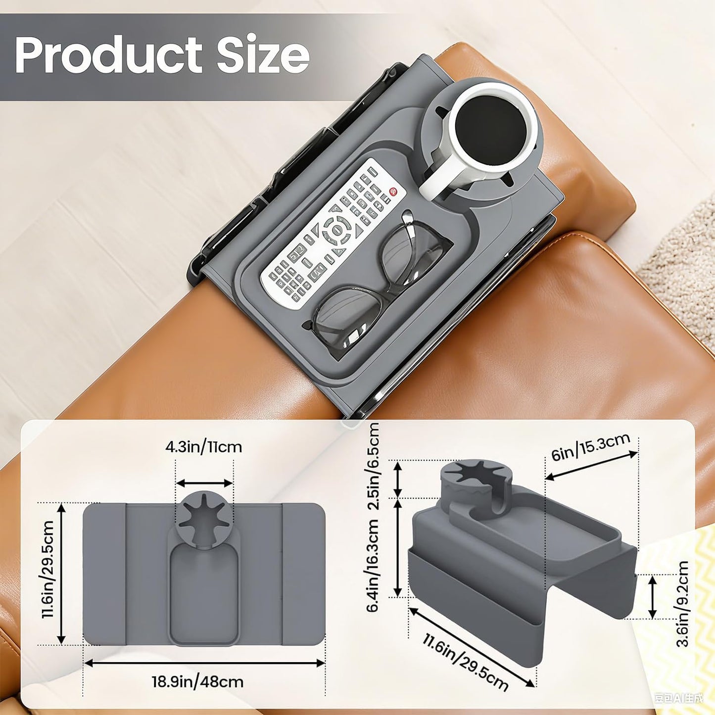 Couch Armrest Cup Holder Tray - Silicone, Grey