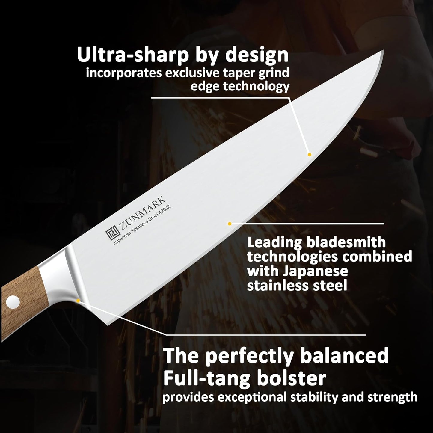 ZUNMARK Knife Set, 6pcs Knife Set for Kitchen with Acacia Wood Block