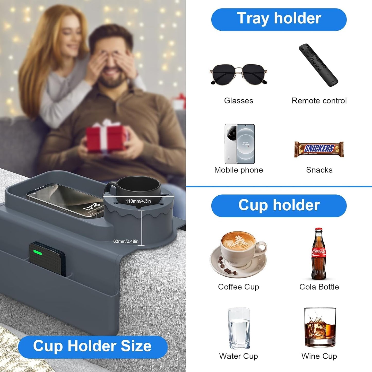 Couch Armrest Cup Holder Tray - Silicone, Grey
