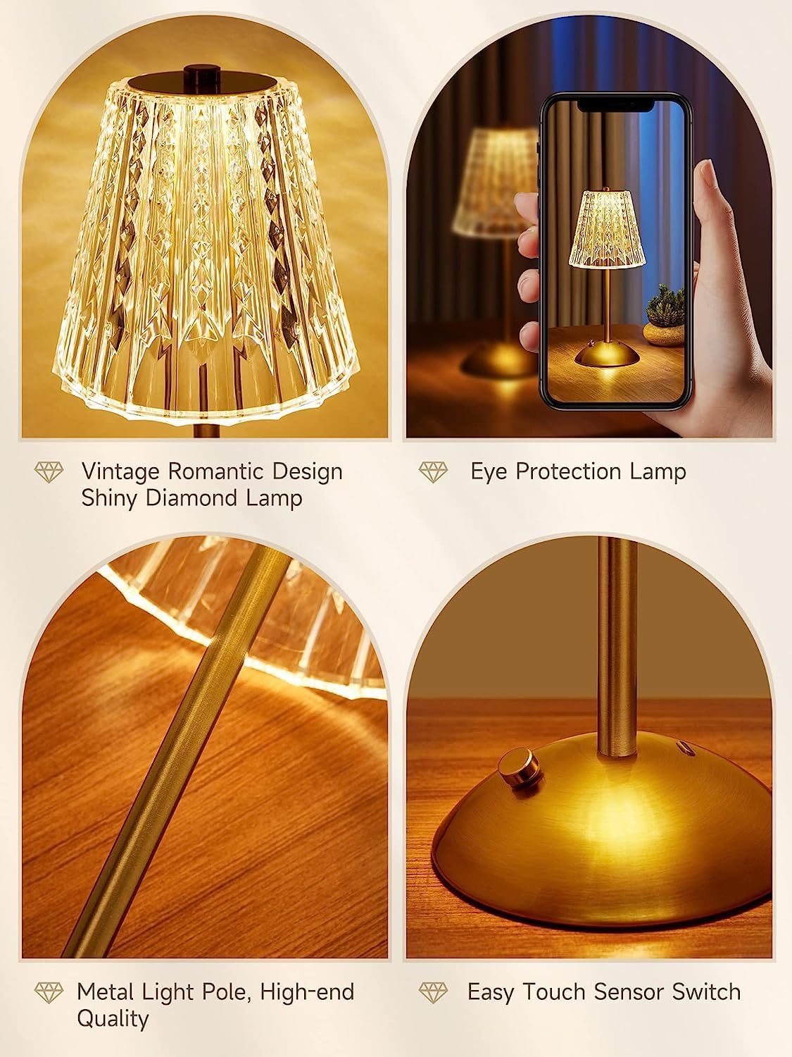 Crystal Table Lamp, Bedside Crystal Table Lamp with Touch Control
