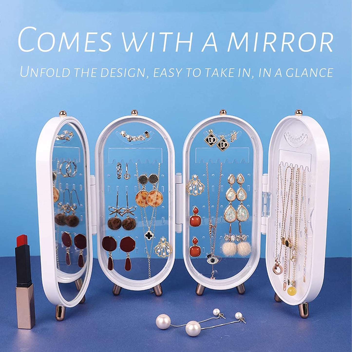 3‑Fold Foldable Jewellery Travel Box with Mirror || Compact Organizer for Earrings