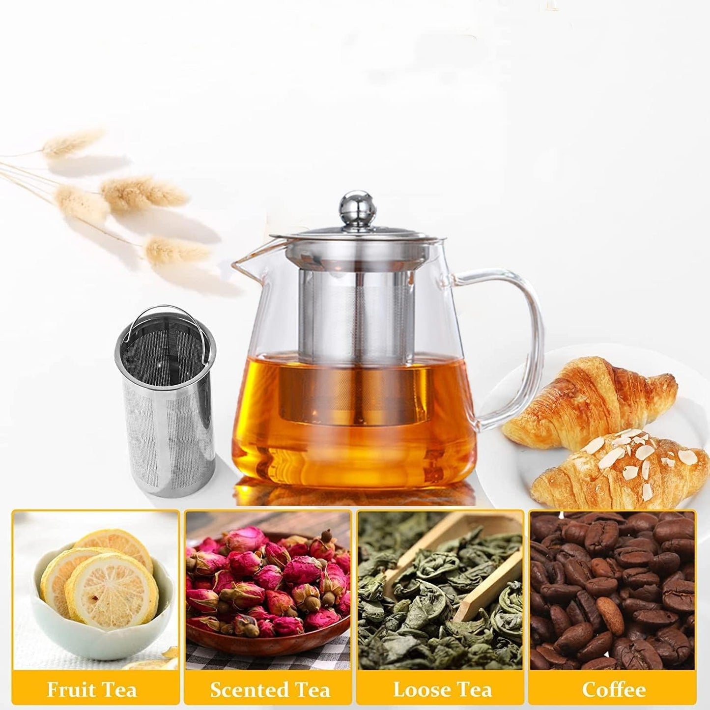 Glass Herbal Tea Pot with Stainless Steel Filter 750mls / 1000mls