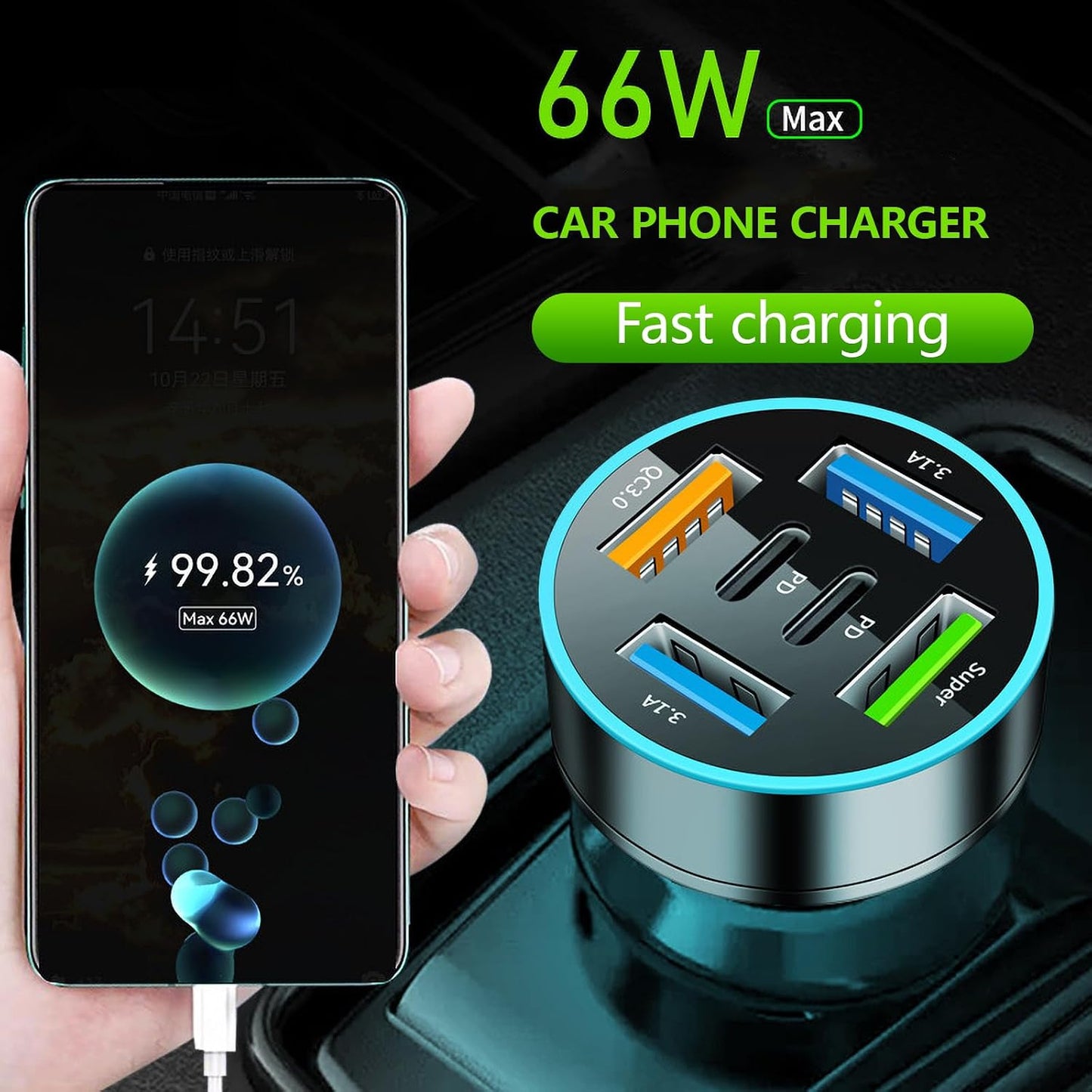 Total 66W Intelligent Car Charging Multi Port Rapid Car Charging