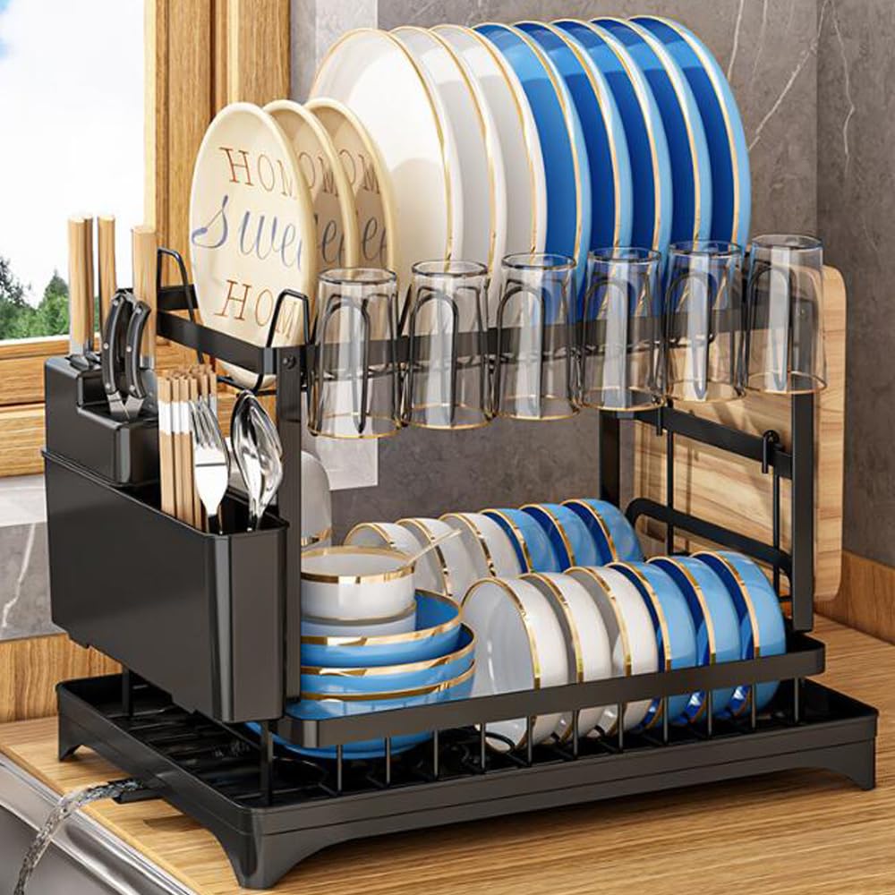 Dish Drying Rack,2 Tier Drying Rack Kitchen with Drainboard