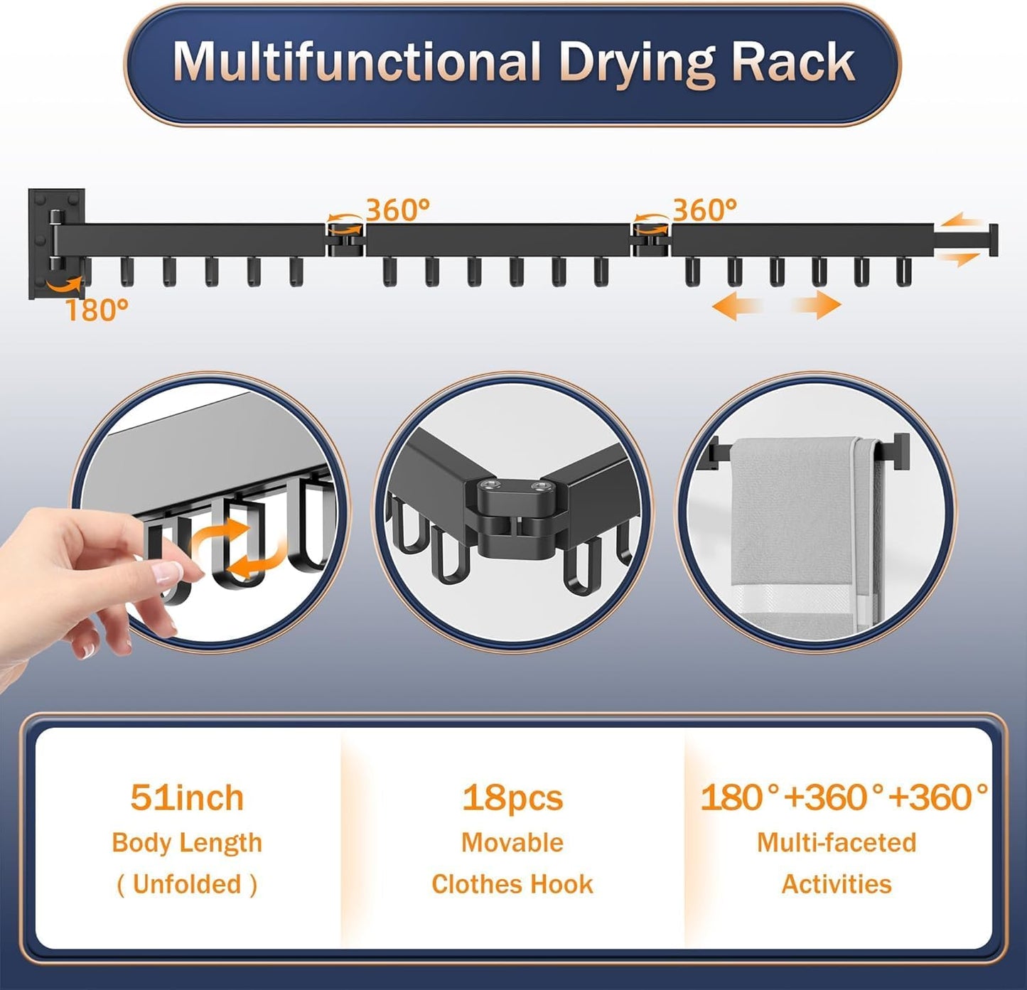 Wall Mount Drying Rack Folding Clothes Hanger No-Drill Retractable Clothesline