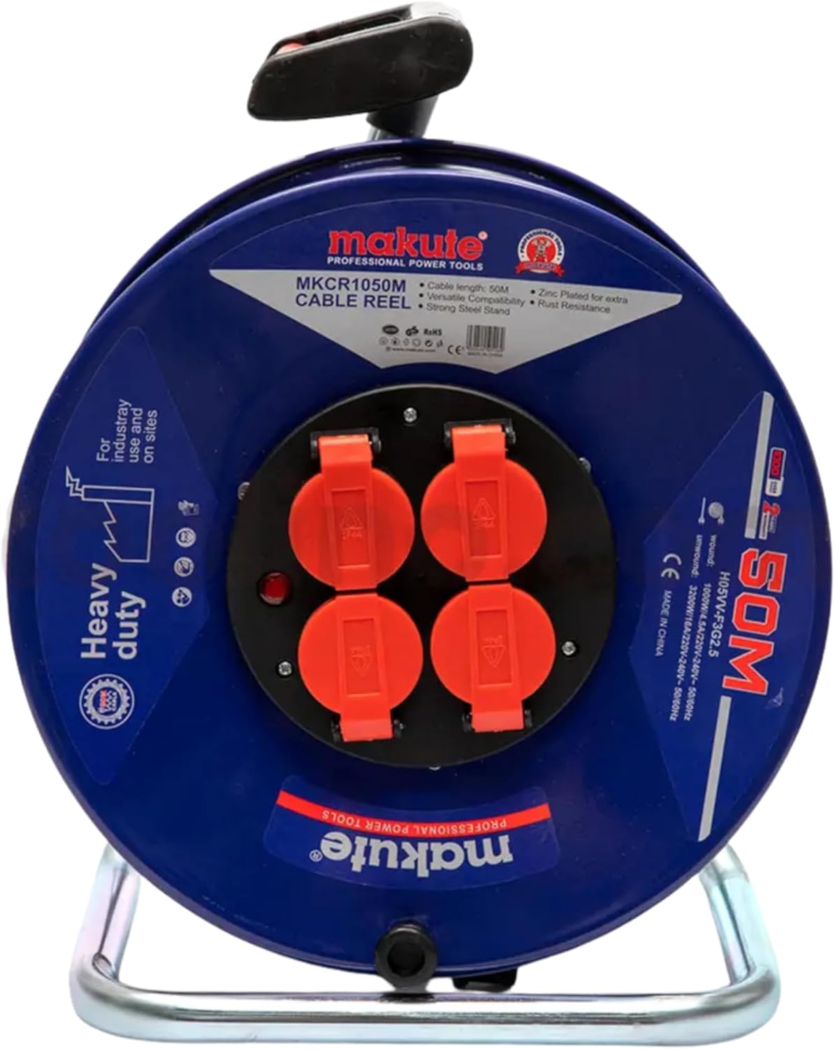 50m Heavy Duty Industrial Extension Cable Reel, 4-Socket Electric Power Line