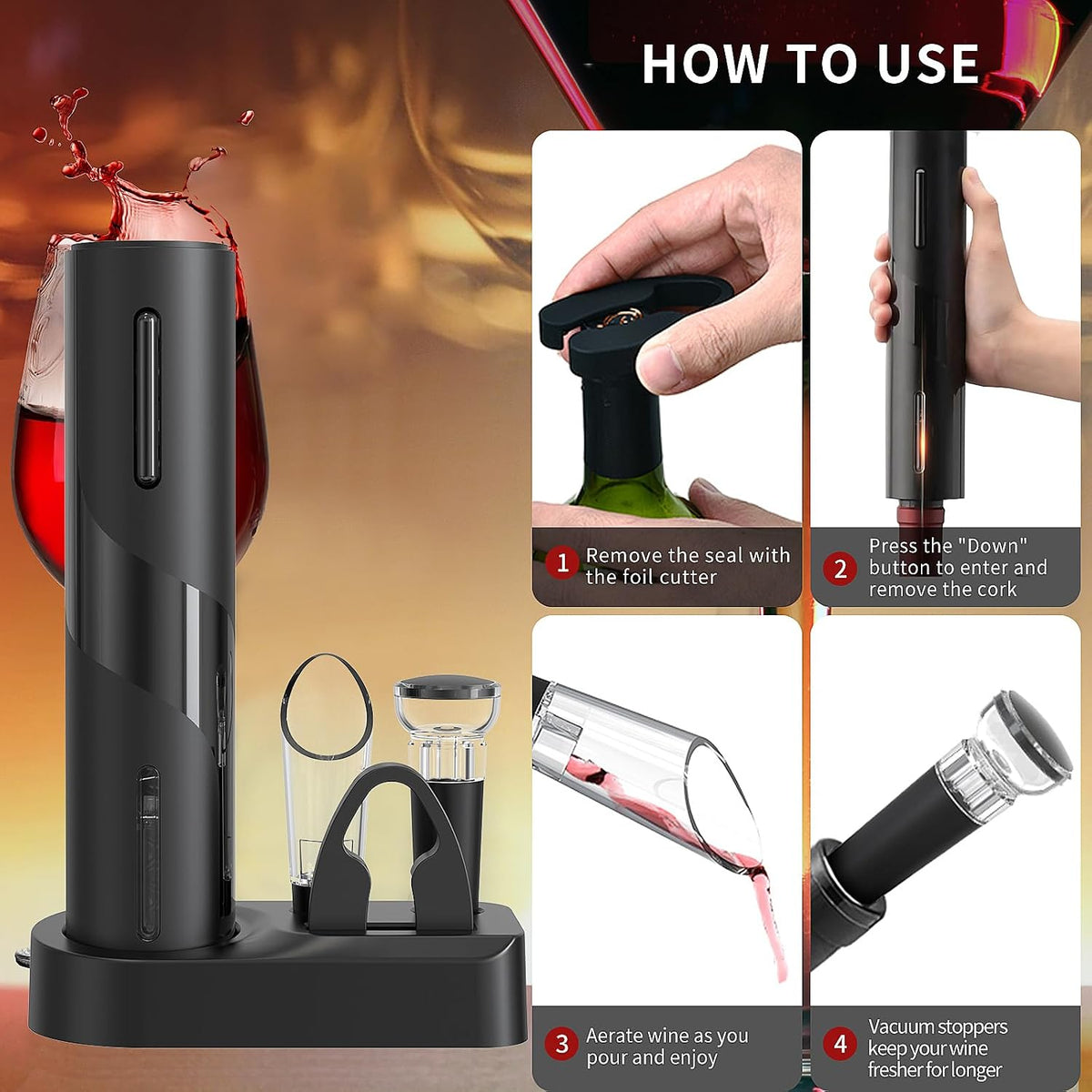 Electric Wine Opener Set, Automatic Corkscrew Opener Kit, Battery Operated