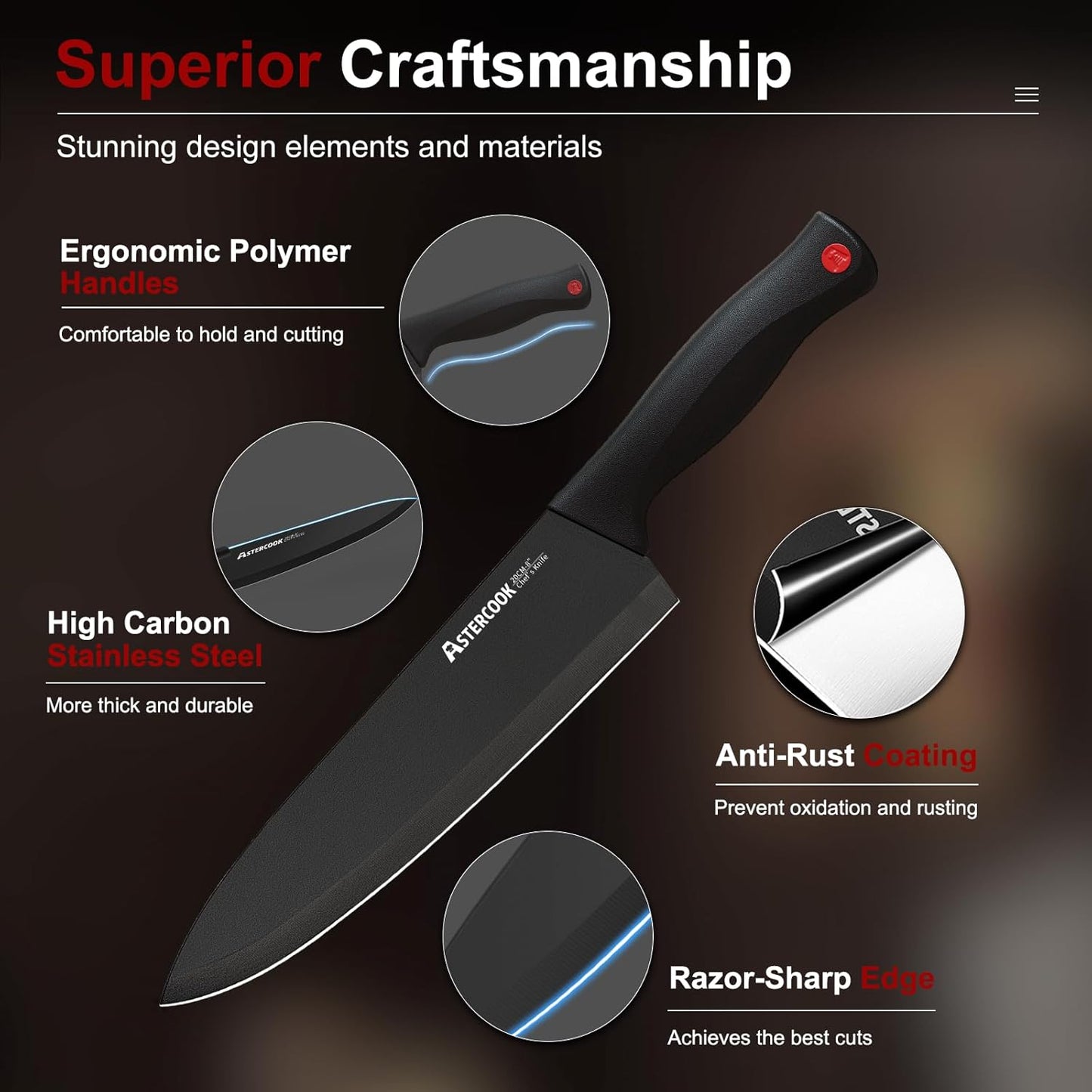 Astercook 15 Piece Knife Set with Sharpener Block - German Stainless Steel
