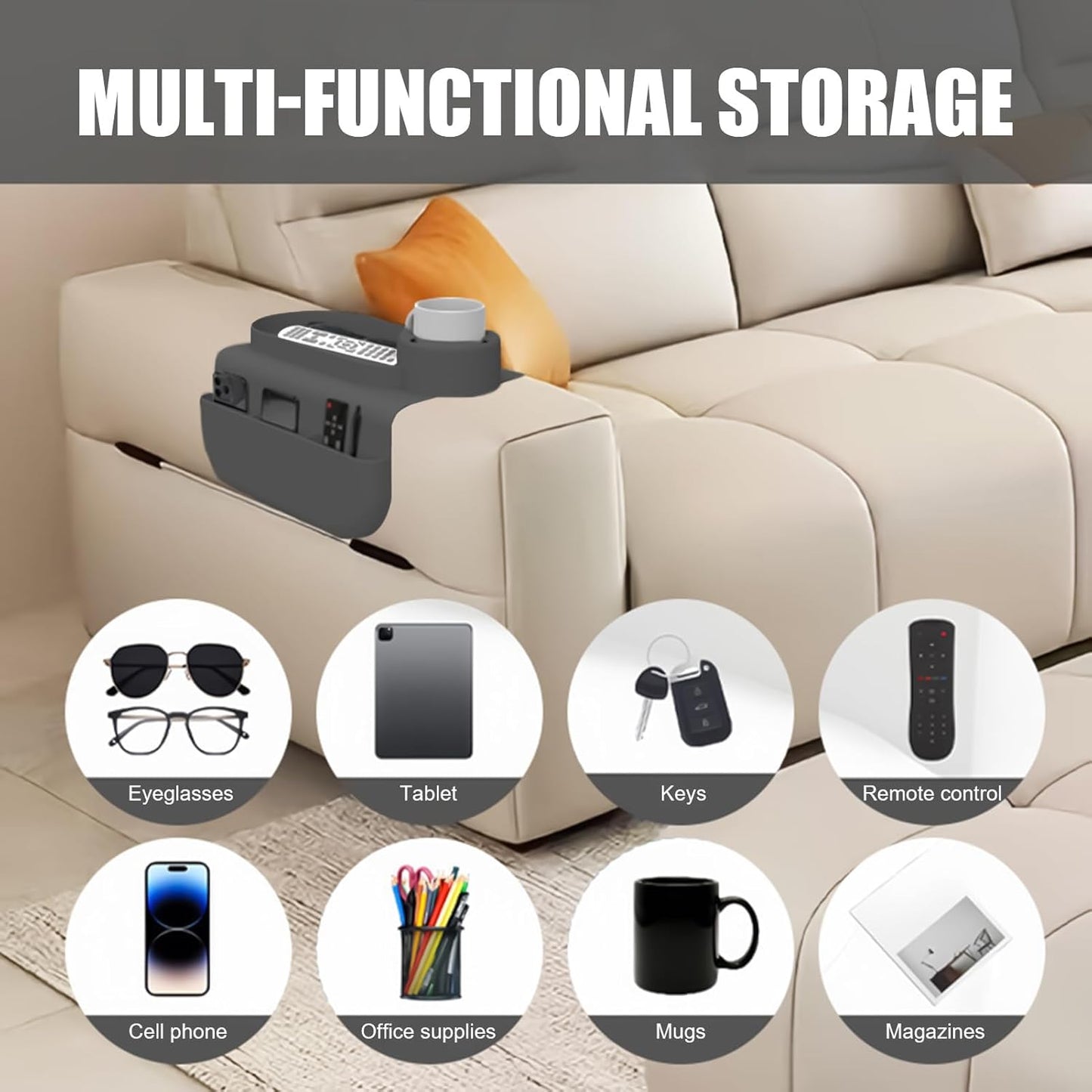 Couch Armrest Cup Holder Tray - Silicone, Grey