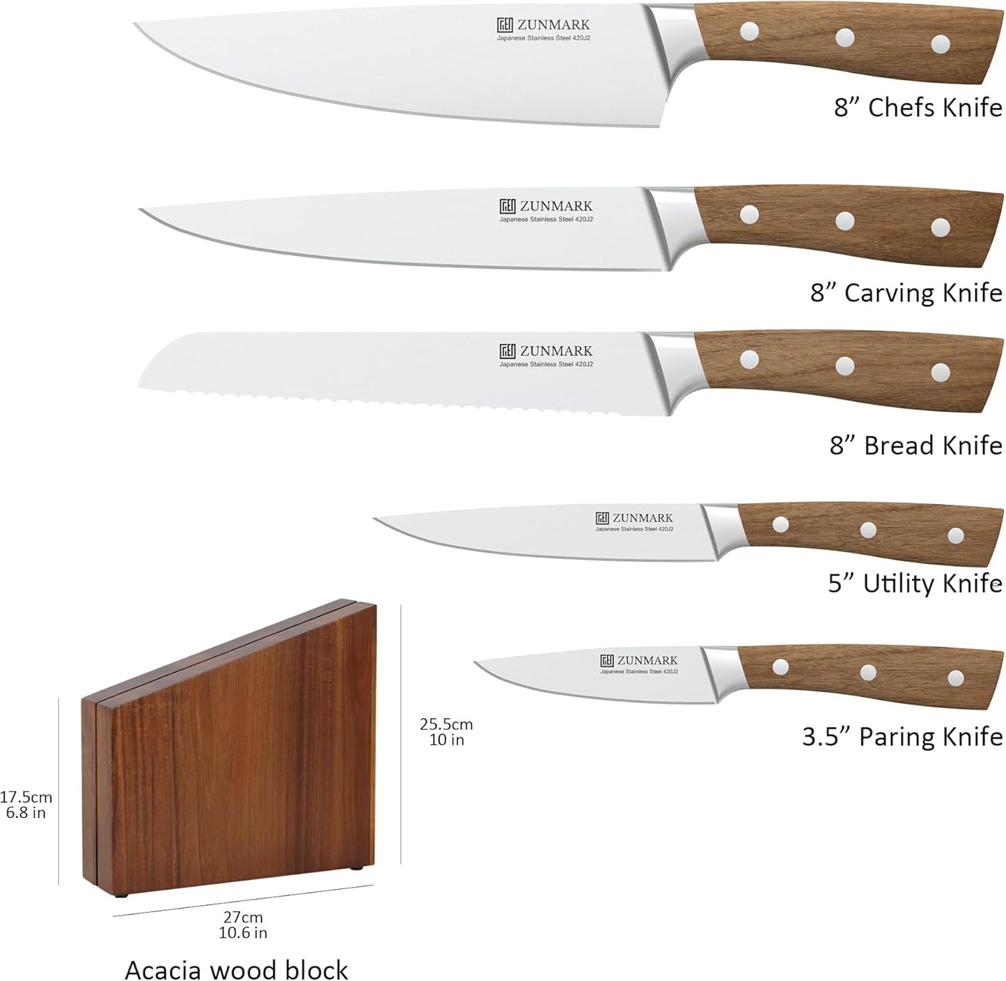 ZUNMARK Knife Set, 6pcs Knife Set for Kitchen with Acacia Wood Block