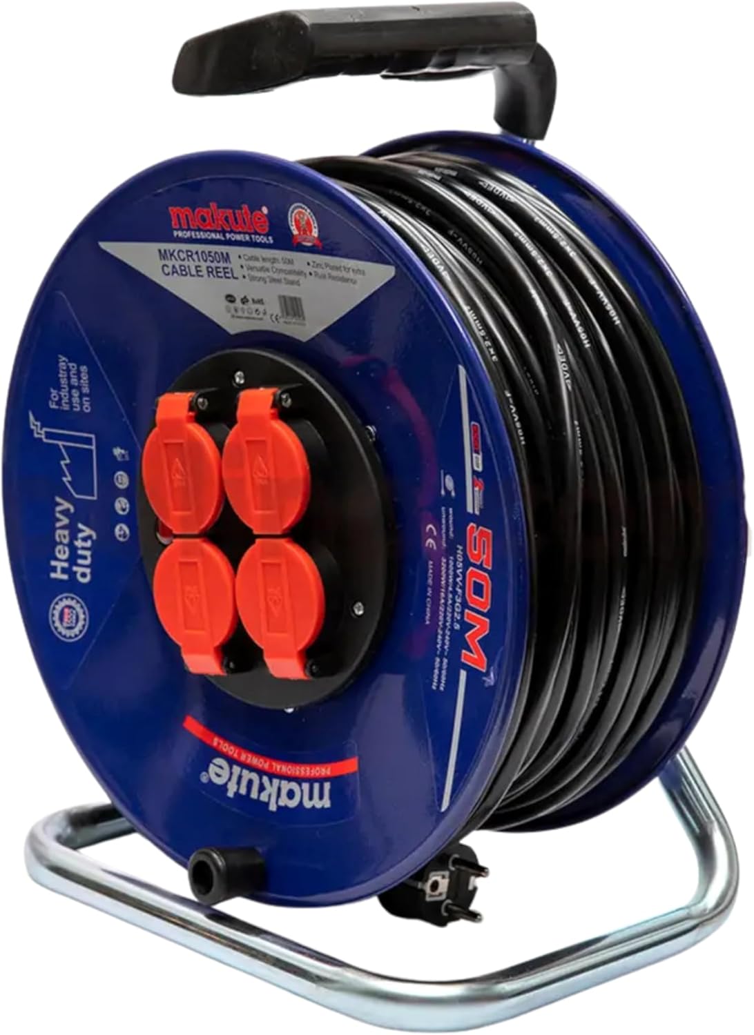 50m Heavy Duty Industrial Extension Cable Reel, 4-Socket Electric Power Line