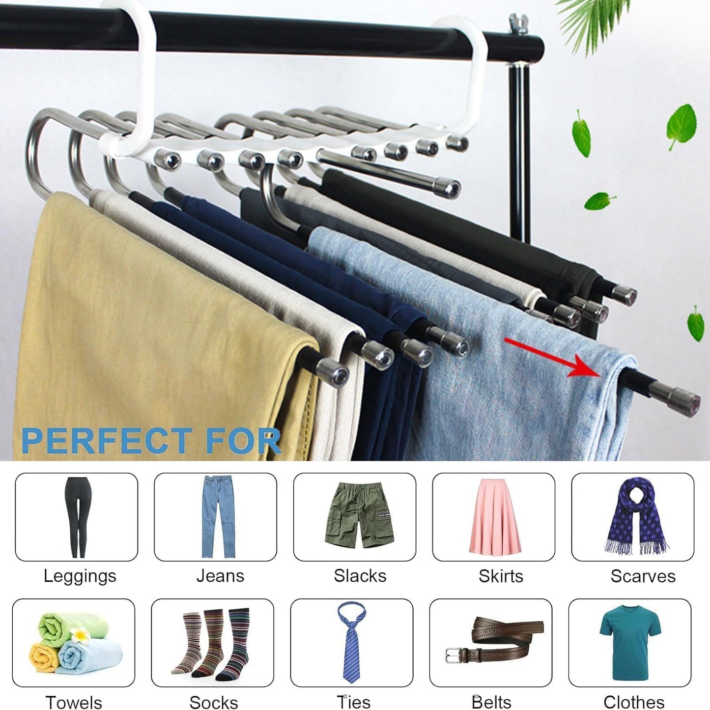 A set of 5 Magic Pants Hangers | 5 in 1 Space Saving Closet Organizer