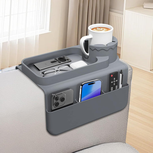 Couch Armrest Cup Holder Tray - Silicone, Grey