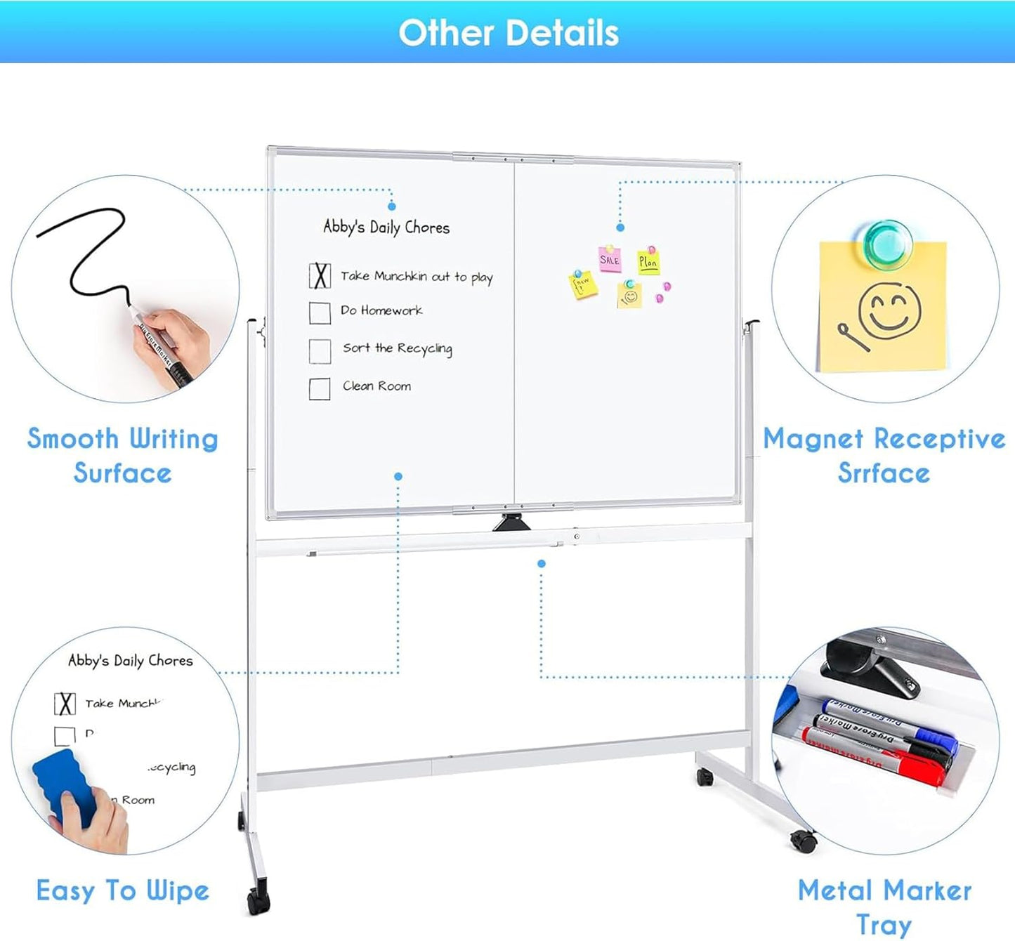Double Sided Magnetic moveable whiteboard ,comes  with free magnetic Erasable markers (3pcs) & 1 duster eraser