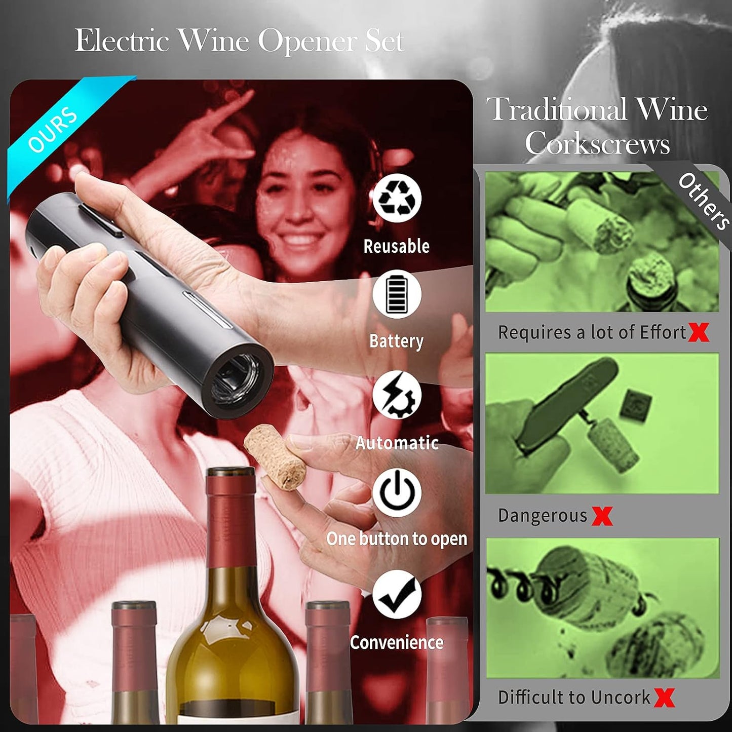 Electric Wine Opener Set, Automatic Corkscrew Opener Kit, Battery Operated