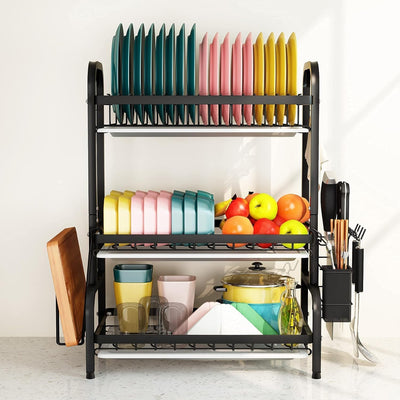 3-Tier Dish Drying Rack,Stainless Steel Dish Racks,Large Dish Drying Rack with Drainboard & Utensil Holders