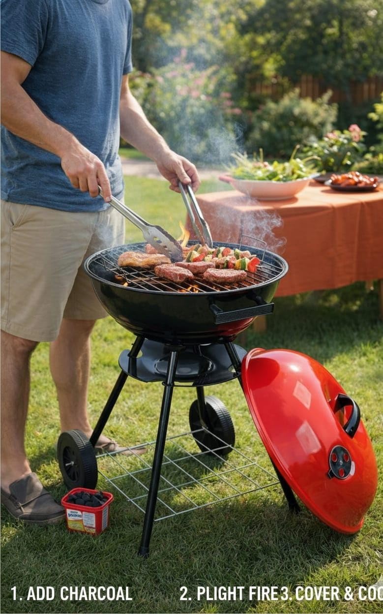 Portable Outdoor Charcoal BBQ Grill with Lid, Adjustable Air Vent