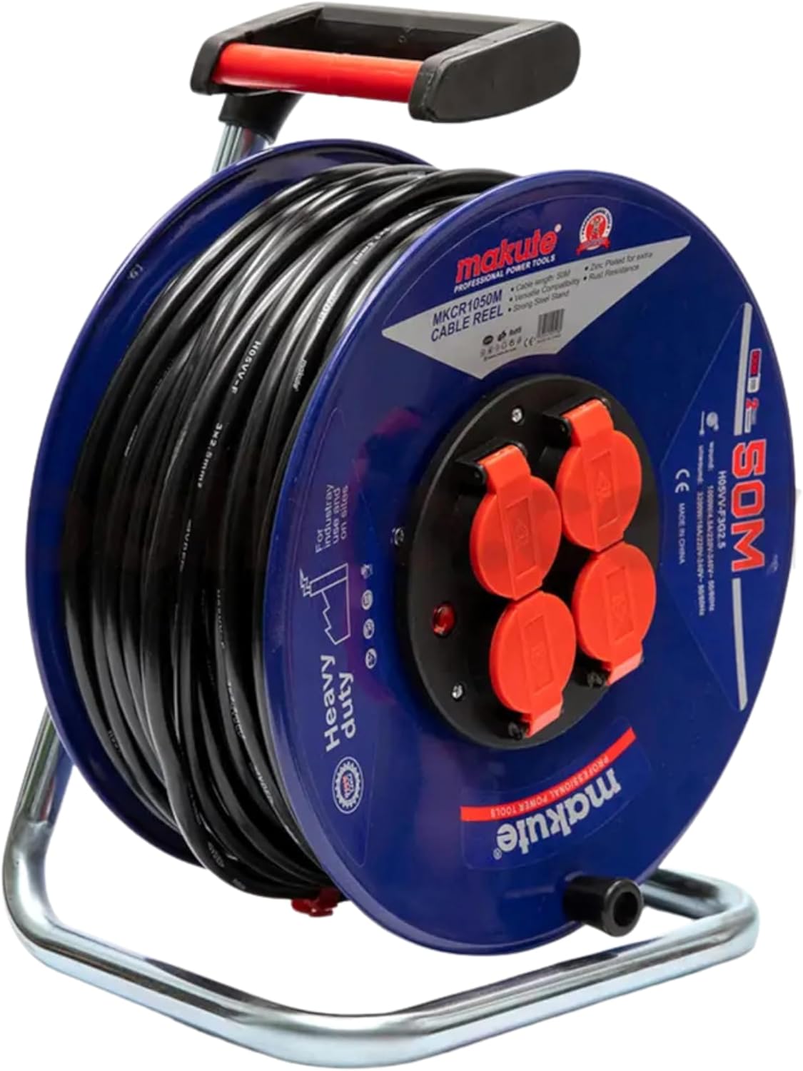 50m Heavy Duty Industrial Extension Cable Reel, 4-Socket Electric Power Line