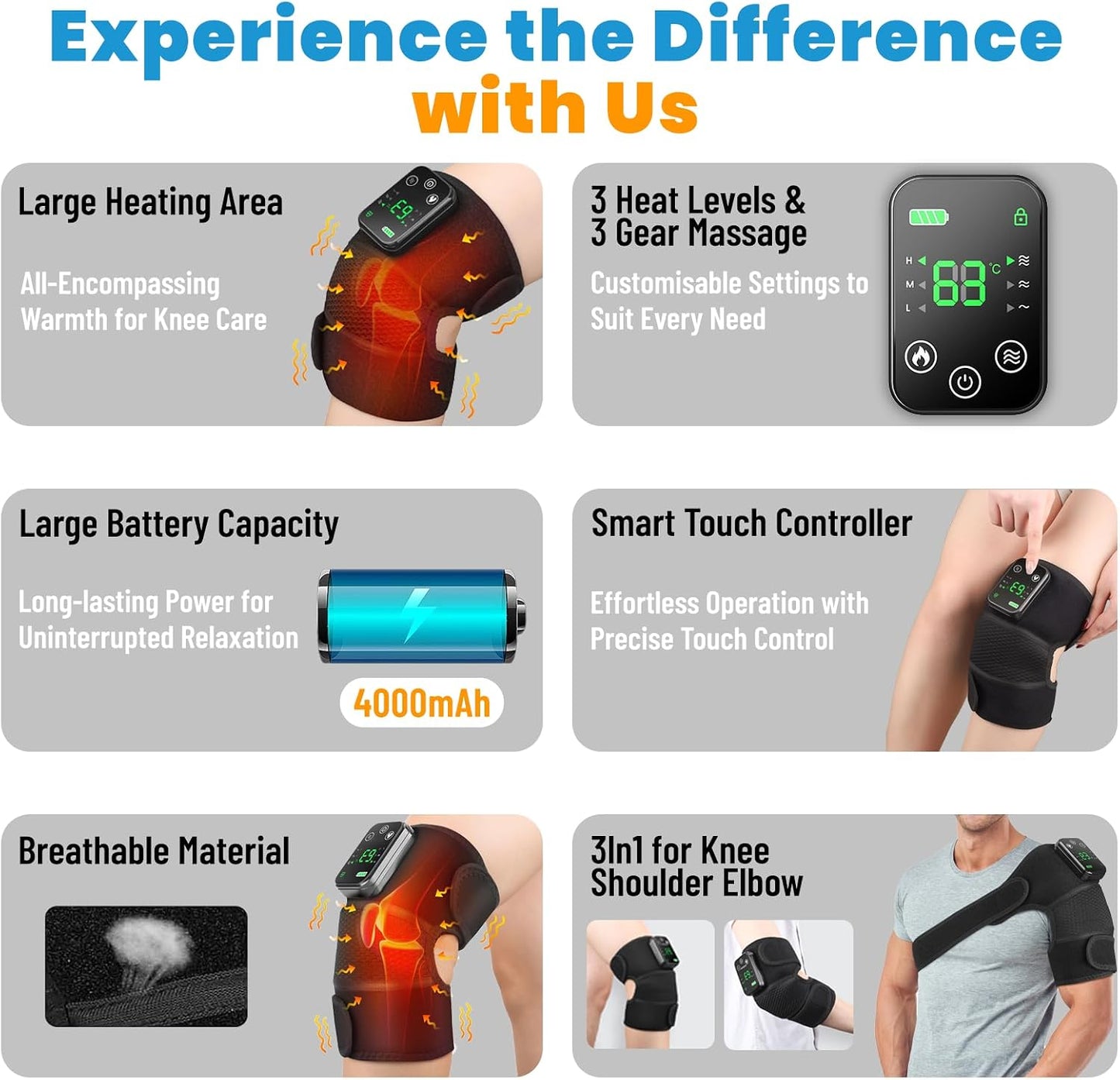 Knee Massager Joint Pain Relief 3-in-1 Cordless Knee Heat Pads