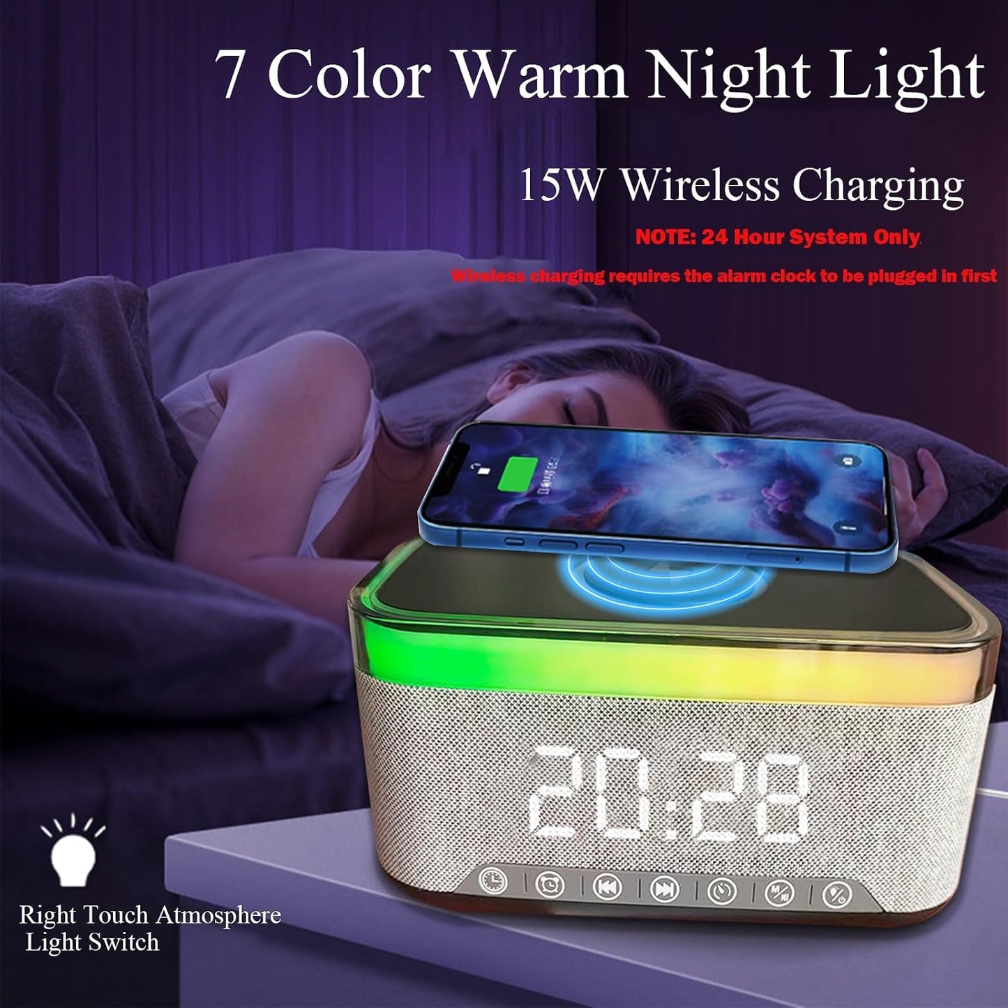 Digital Alarm Clock with 15W Fast Wireless Charger, Alarm Clock Bluetooth Radio