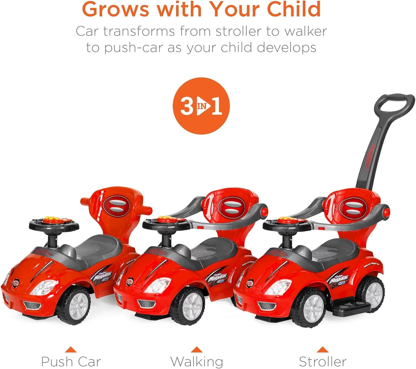 3-in-1 Kids Push and Pedal Toddler Ride Remote , Rechargeable  On Push Car Stroller with Push Handle