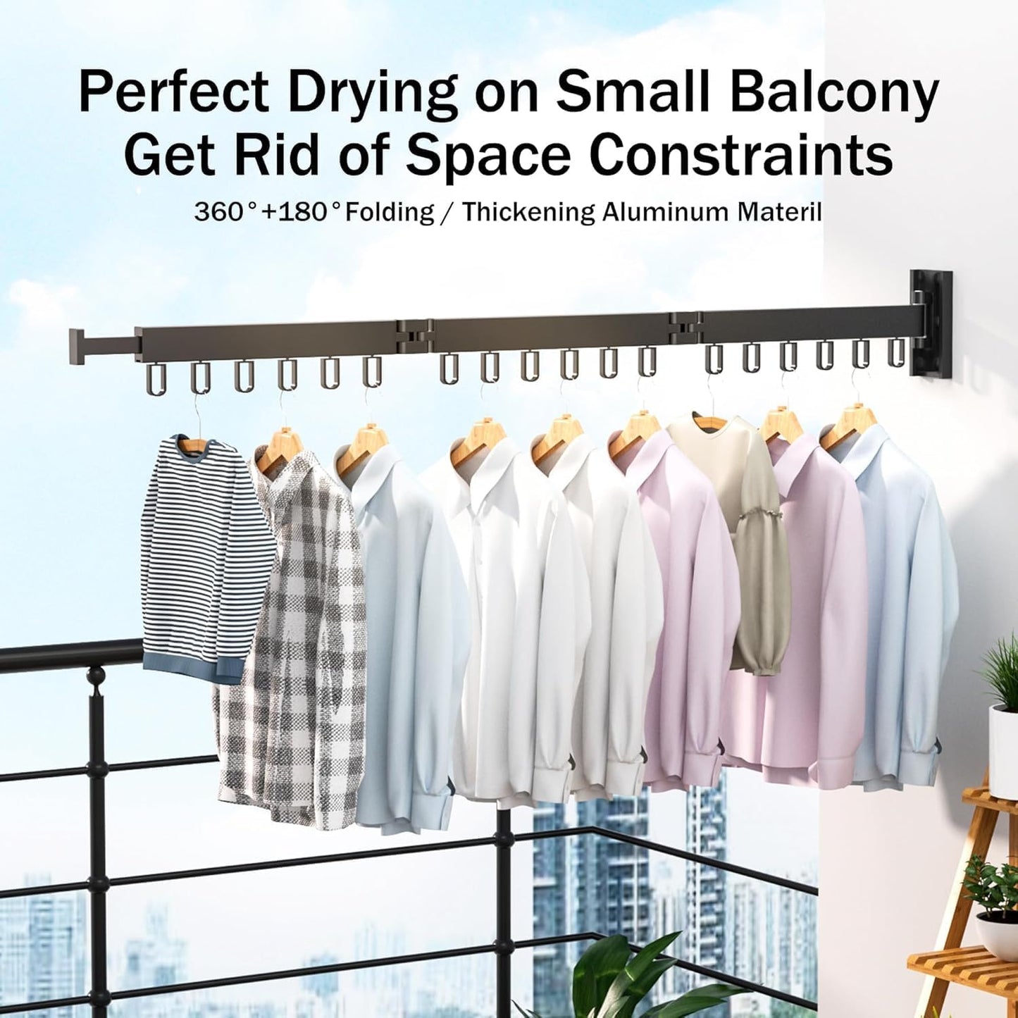 Wall Mount Drying Rack Folding Clothes Hanger No-Drill Retractable Clothesline