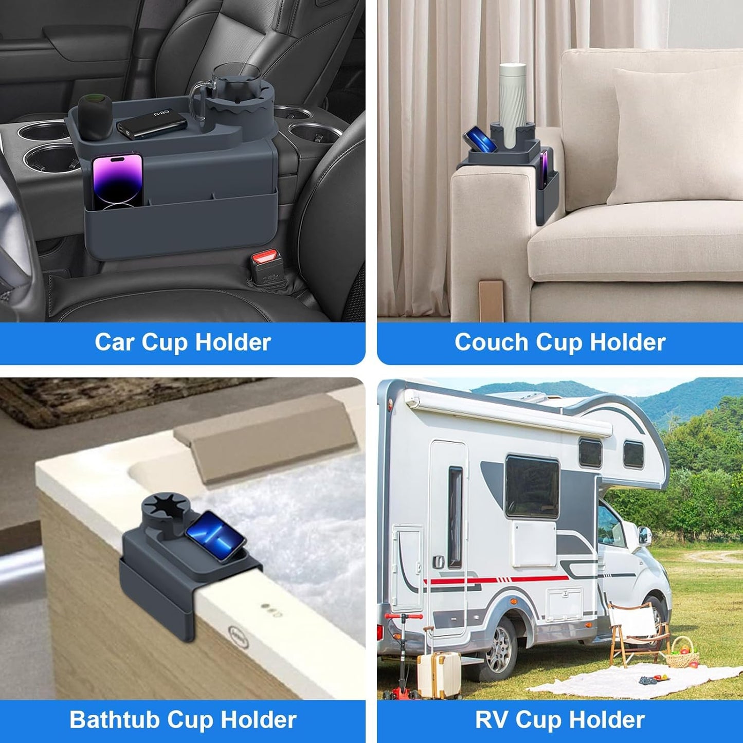 Couch Armrest Cup Holder Tray - Silicone, Grey