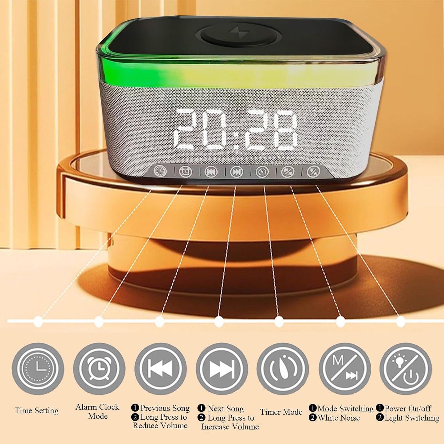 Digital Alarm Clock with 15W Fast Wireless Charger, Alarm Clock Bluetooth Radio