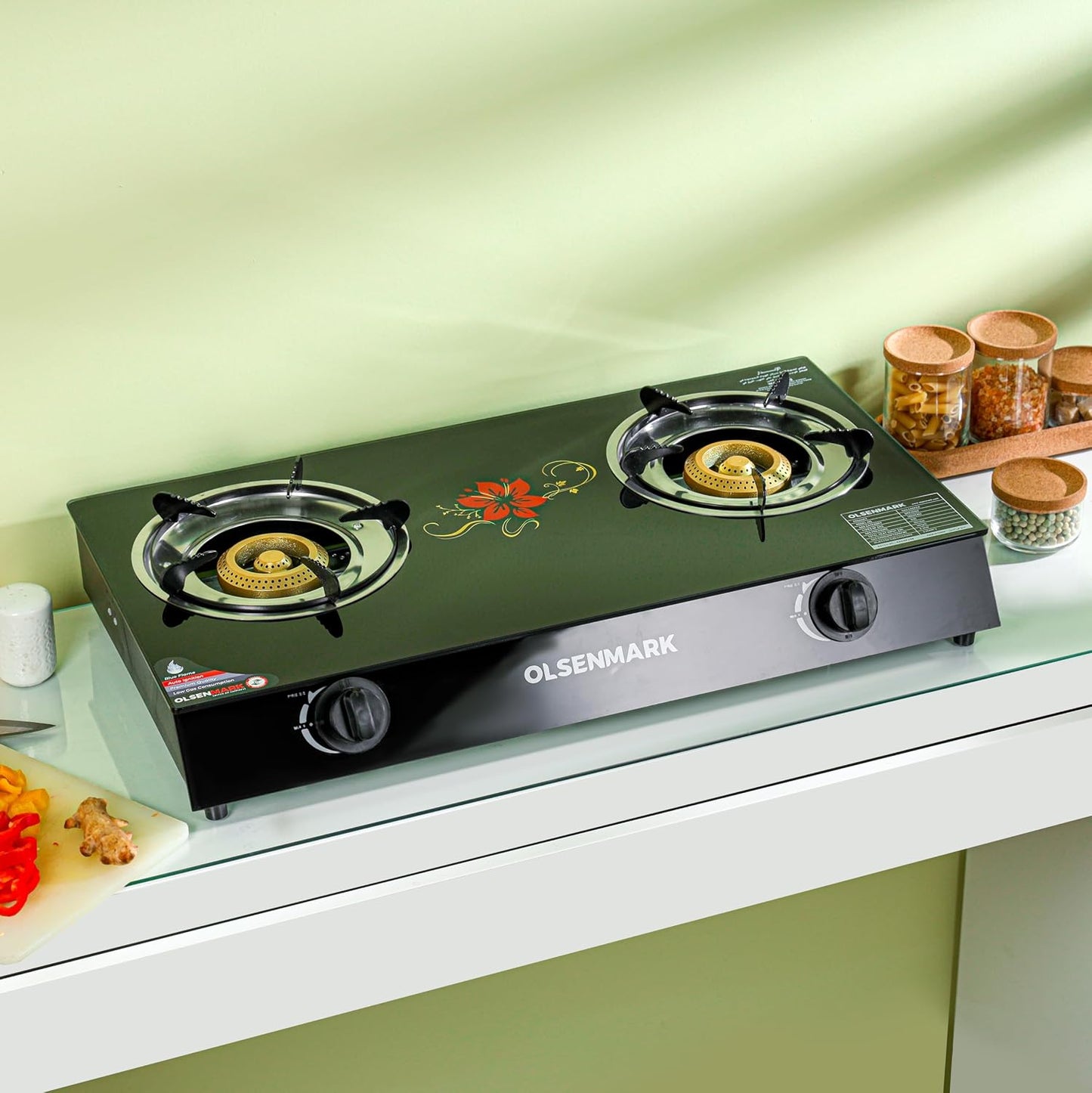Gas Cooker Tempered Glass Top Panel, Double Burner with Blue Flame