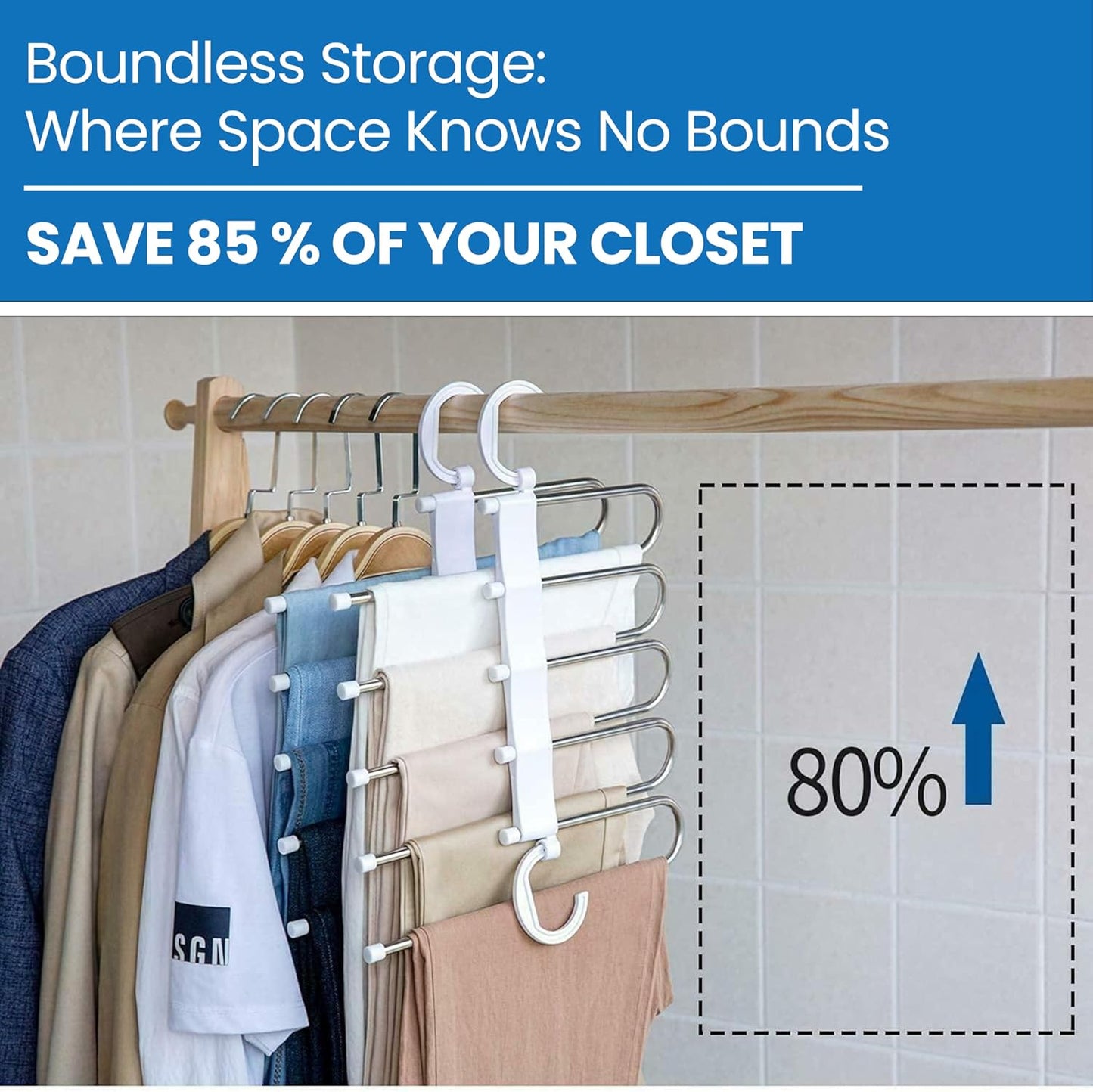 A set of 5 Magic Pants Hangers | 5 in 1 Space Saving Closet Organizer