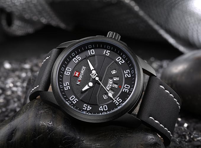 NAVIFORCE Genuine Leather Quartz Date Week Waterproof Sport Men Watches