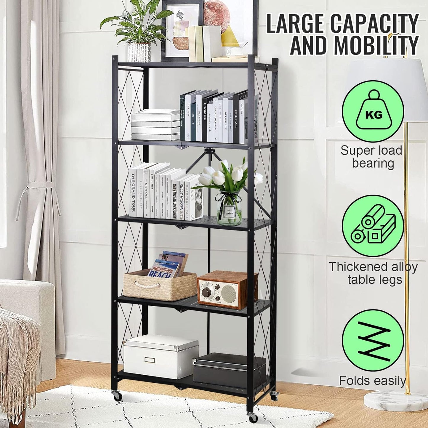 Foldable Storage Shelves 5 Tier, Storage Racks Kitchen Cabinet, Shelf Storage Multipurpose