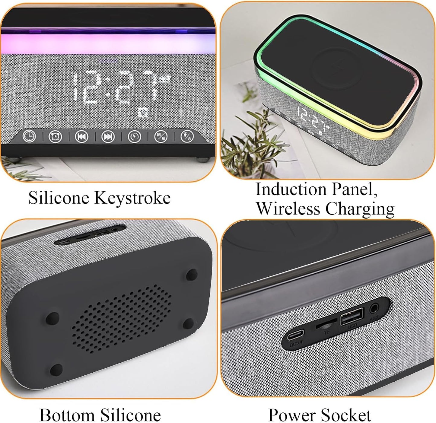 Digital Alarm Clock with 15W Fast Wireless Charger, Alarm Clock Bluetooth Radio
