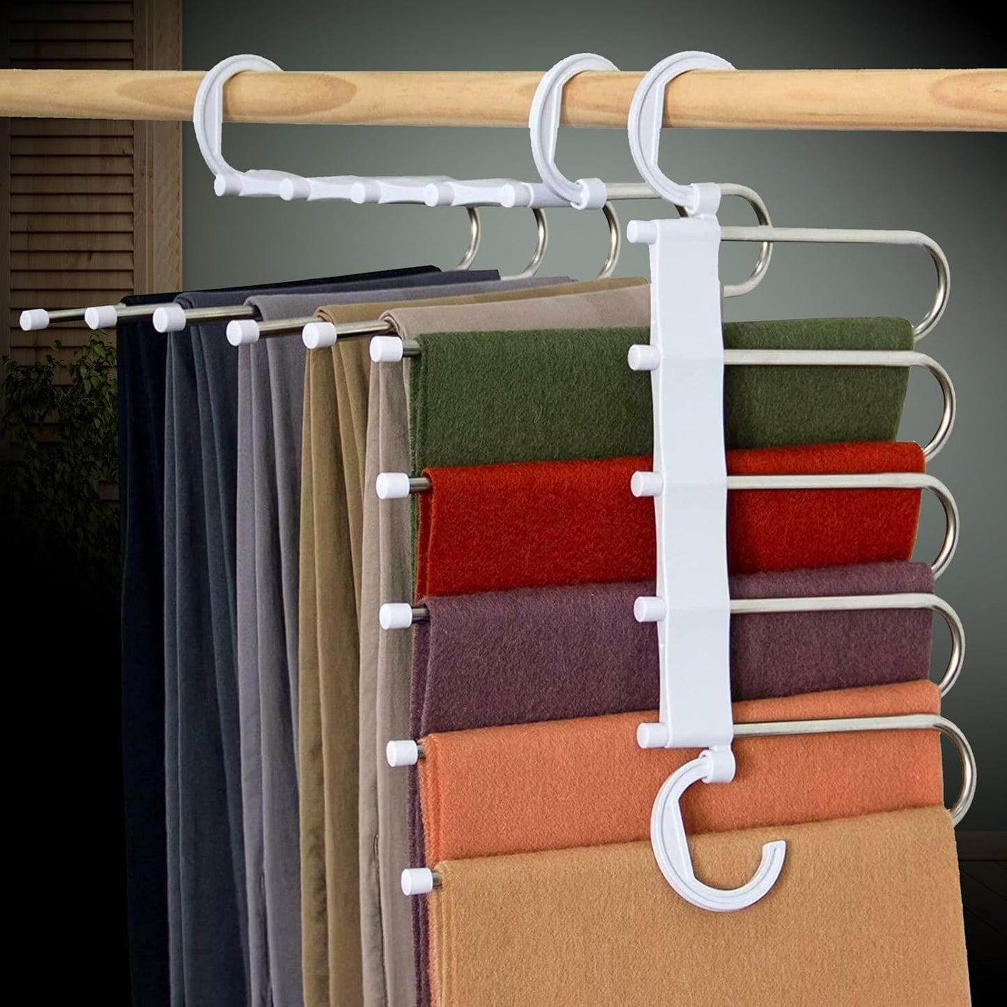 A set of 5 Magic Pants Hangers | 5 in 1 Space Saving Closet Organizer