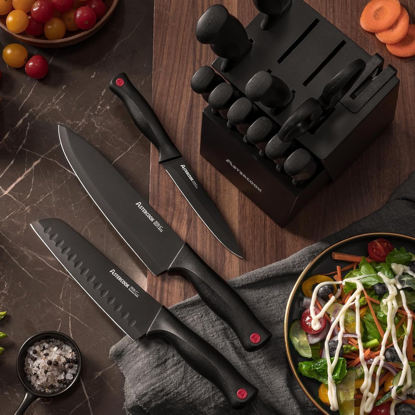 Astercook 15 Piece Knife Set with Sharpener Block - German Stainless Steel