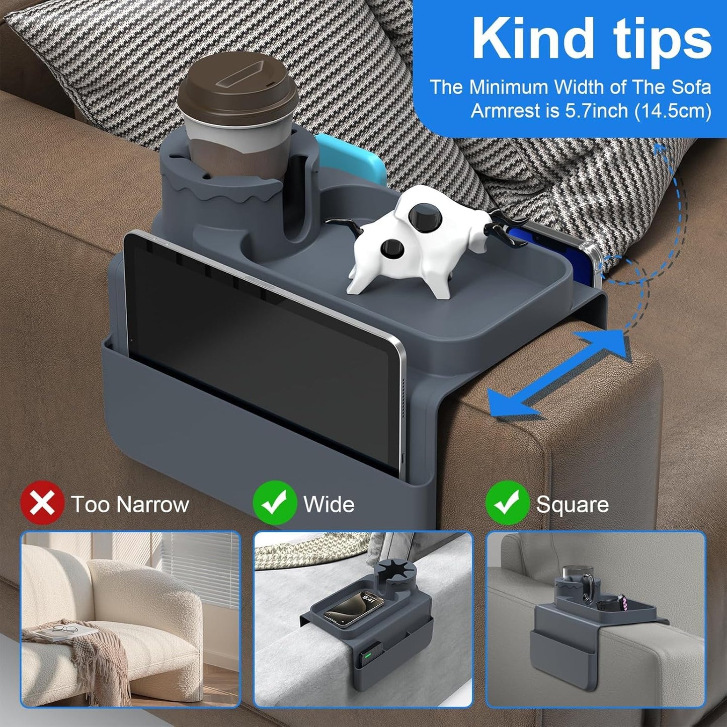 Couch Armrest Cup Holder Tray - Silicone, Grey