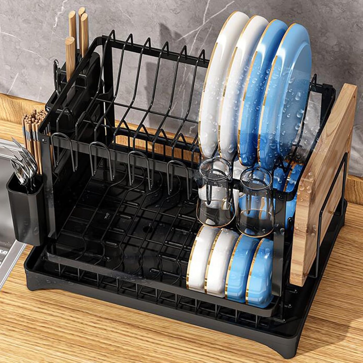Dish Drying Rack,2 Tier Drying Rack Kitchen with Drainboard